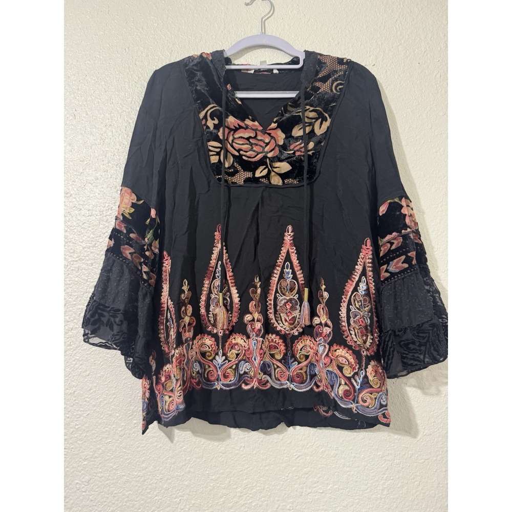 John Mark Small Blouse Top Floral Velvet Embroidery Boho Art